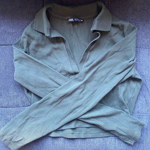 Zara Collared Cropped Longsleeve Polo Top - Olive Green